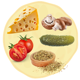 4. Żółty ser + Pieczarki + Kiszony ogórek + Pomidor + Oregano